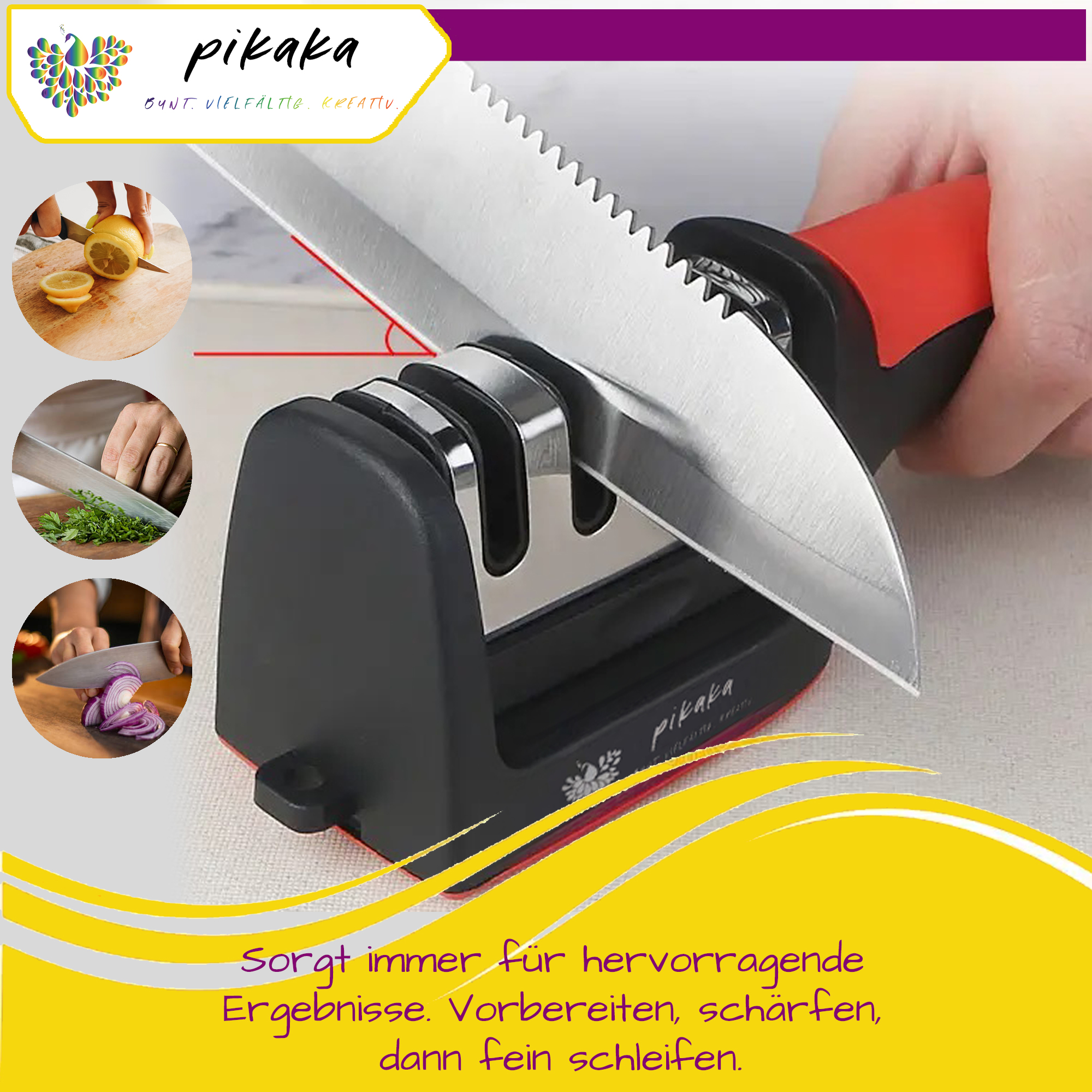 PIKAKA 3-Stufen Messerschärfer | Kitchen Deluxe - das Original | professioneller manueller Messerschärfer | ergonomisches Design | Schwarz/Rot