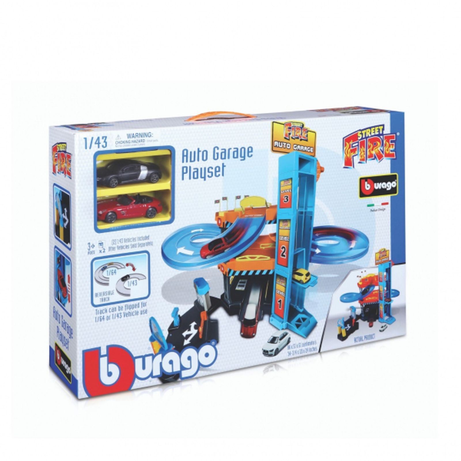 Bburago - StreetFire Autogarage Spielset inkl. 2 Fahrzeuge, 1:43