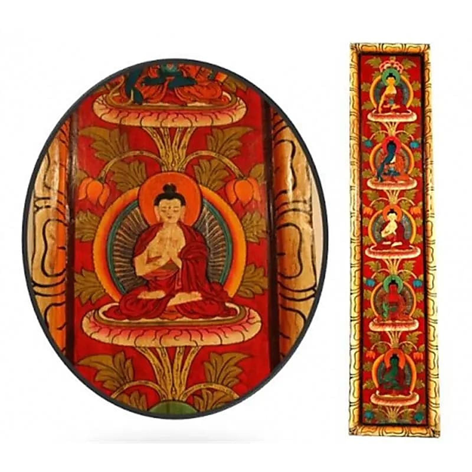 5 Buddhas handbemaltes Tafelbild rot -- 91x20 cm