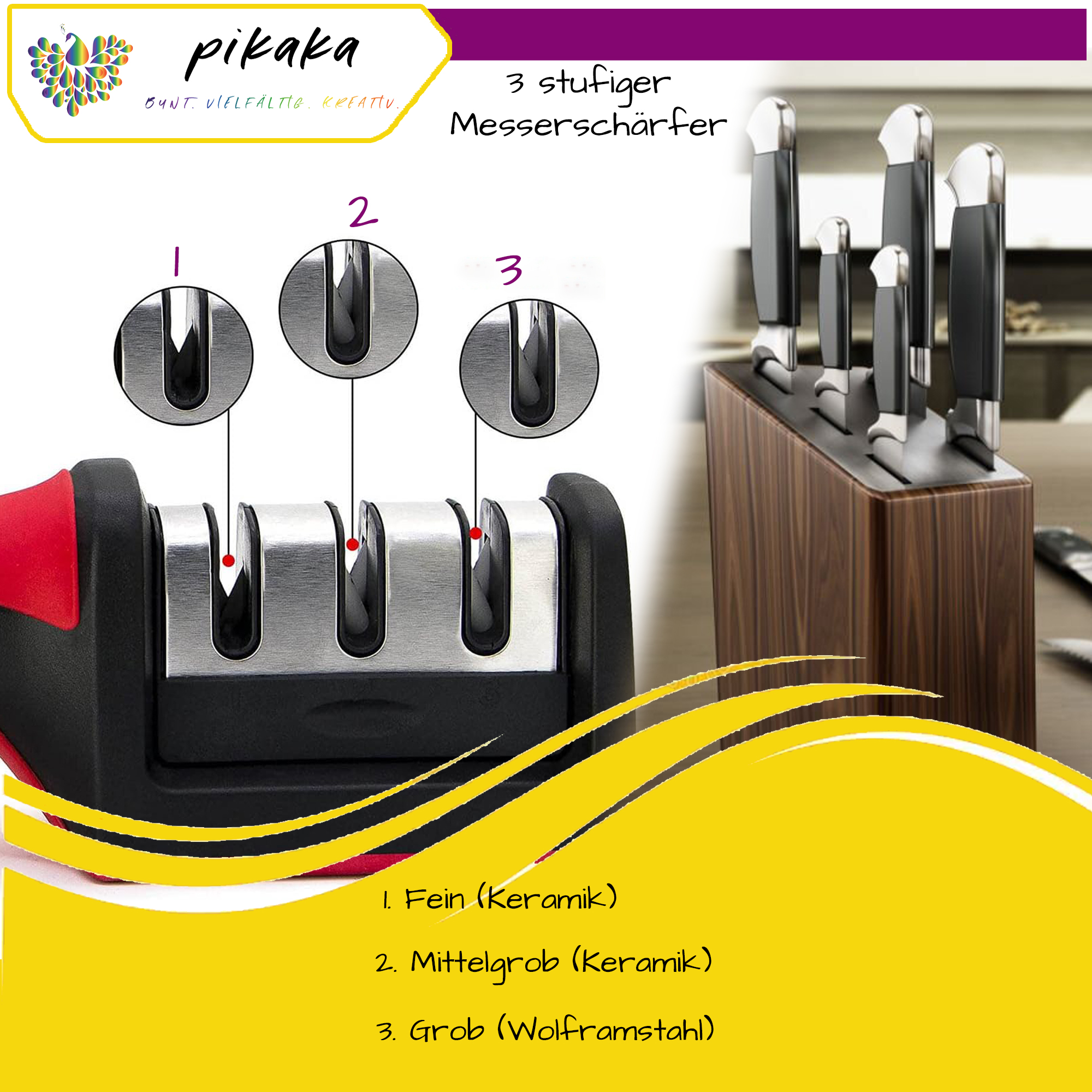 PIKAKA 3-Stufen Messerschärfer | Kitchen Deluxe - das Original | professioneller manueller Messerschärfer | ergonomisches Design | Schwarz/Rot