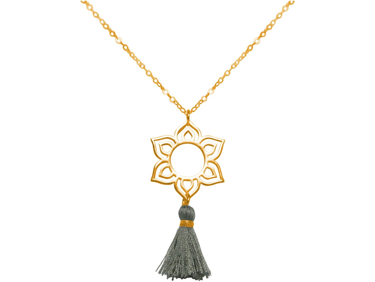 Gemshine - Damen - Halskette - Anhänger - 925 Silber - Vergoldet - Lotus Blume - Mandala - Quaste - Grau - YOGA - 45 cm