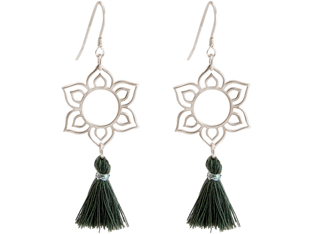 Gemshine - Damen - Ohrringe - 925 Silber - Lotus Blume - Mandala - Quaste - Grau - YOGA - 4,5 cm
