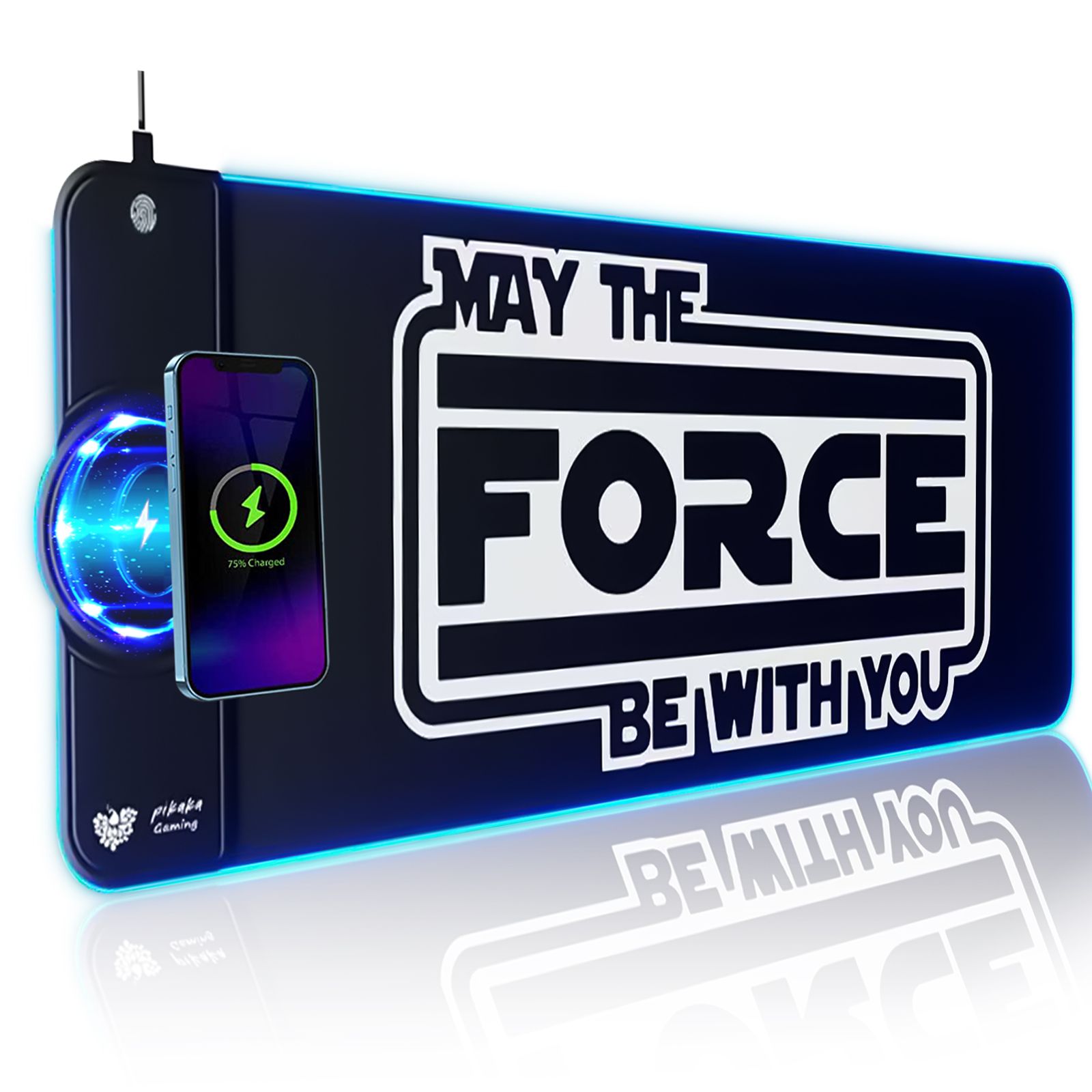 PIKAKA XXL Mauspad „May the Force be with you“ mit Lichtschwert Soundeffekt, Qi Ladestation, 12 versch. Beleuchtungsmodi, Mousepad Kabelloses Laden für iOS und Android, rutschfest, wasserabweisend