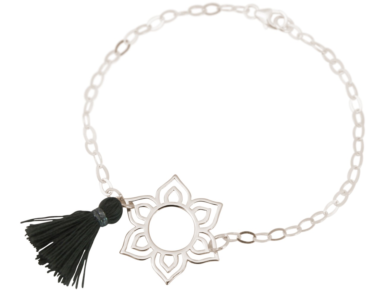 Gemshine - Damen - Armband - 925 Silber - Lotus Blume - Mandala - Quaste - Grau - YOGA