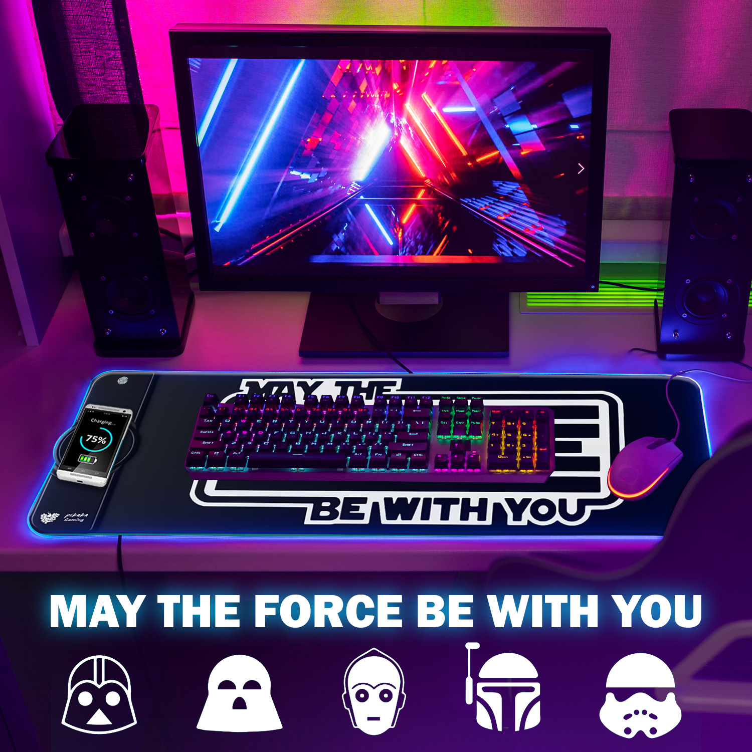 PIKAKA XXL Mauspad „May the Force be with you“ mit Lichtschwert Soundeffekt, Qi Ladestation, 12 versch. Beleuchtungsmodi, Mousepad Kabelloses Laden für iOS und Android, rutschfest, wasserabweisend