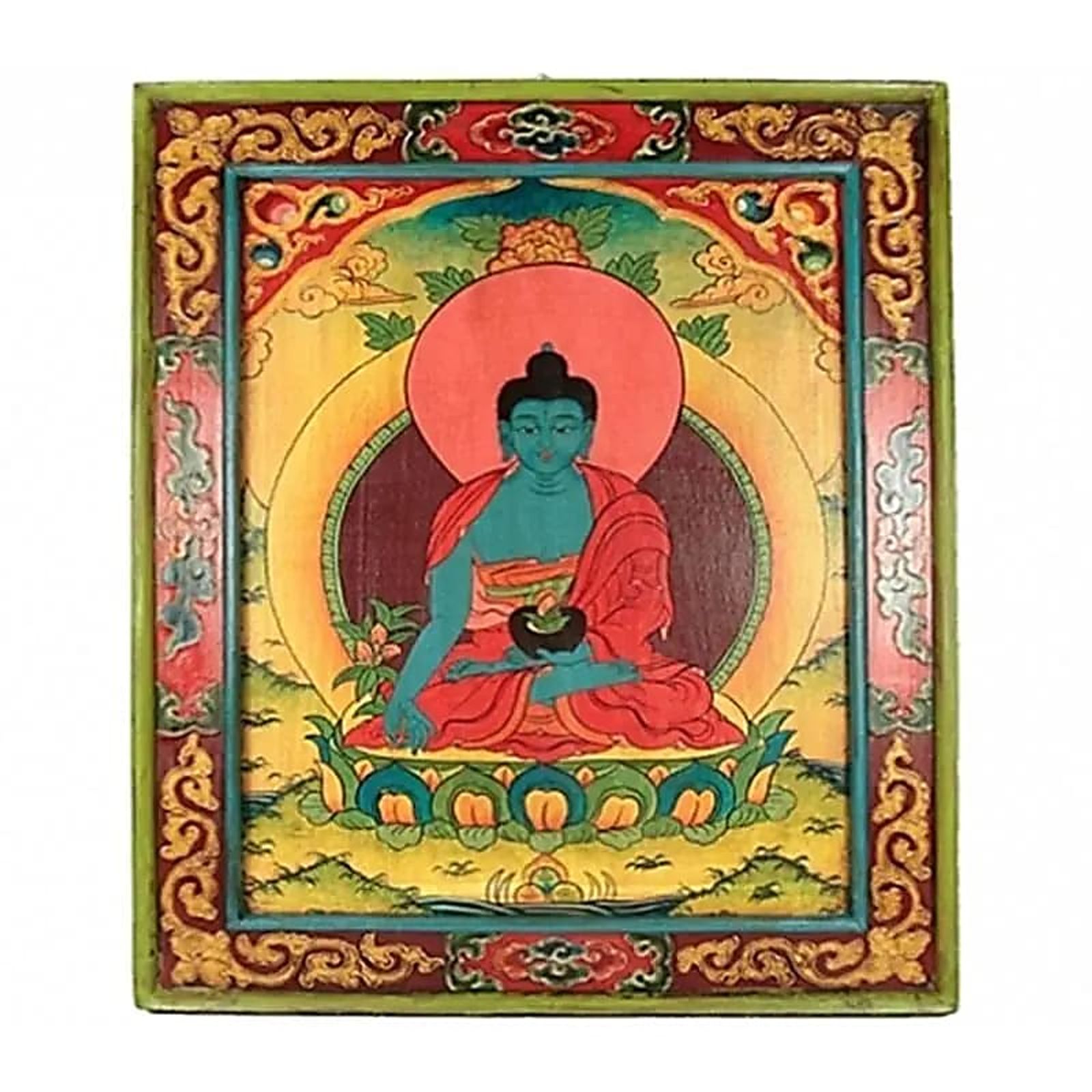 Medizin-Buddha handbemalte Thangka Holztafel -- 66x52 cm