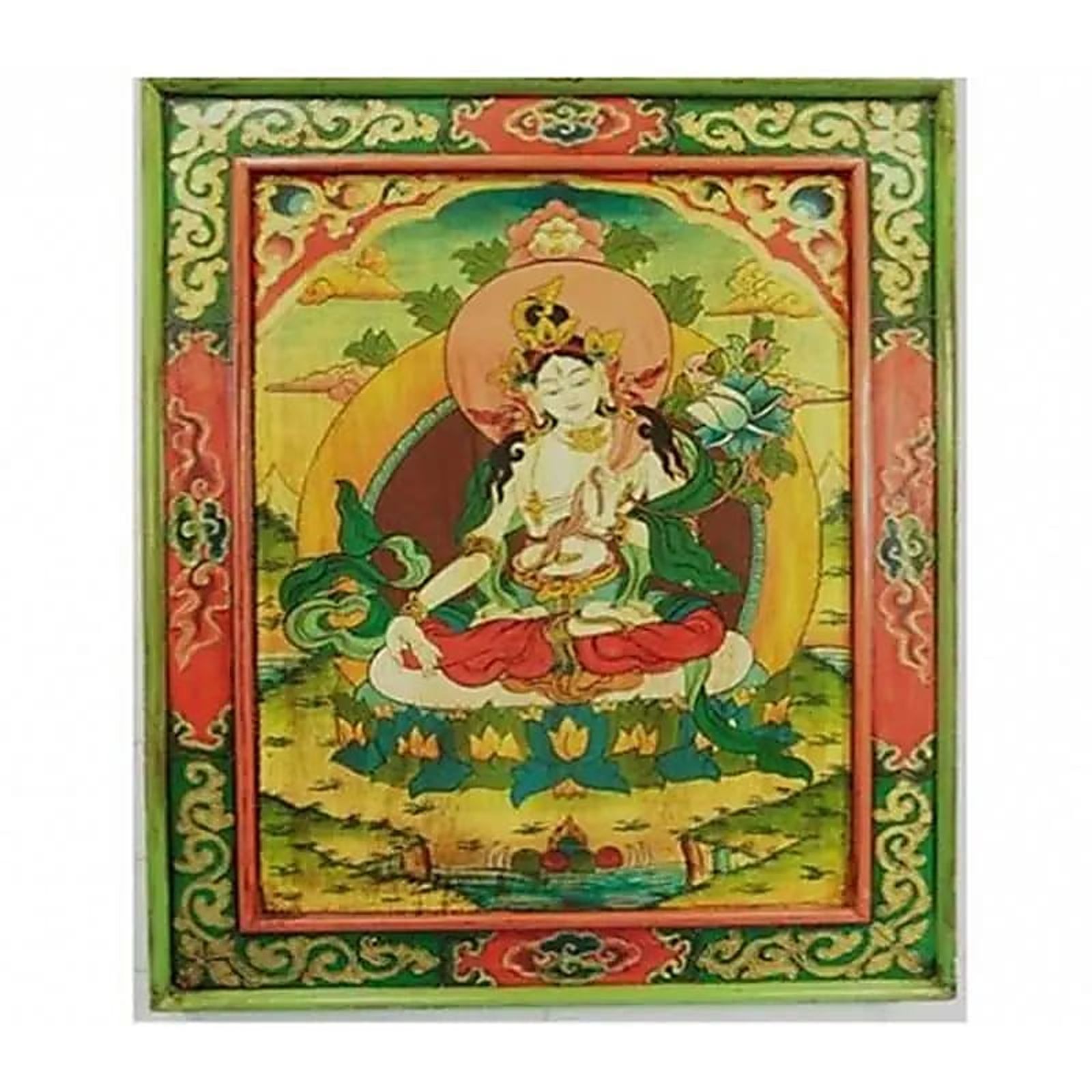 Weiße Tara handbemalte Thangka Holztafel -- 66x52 cm