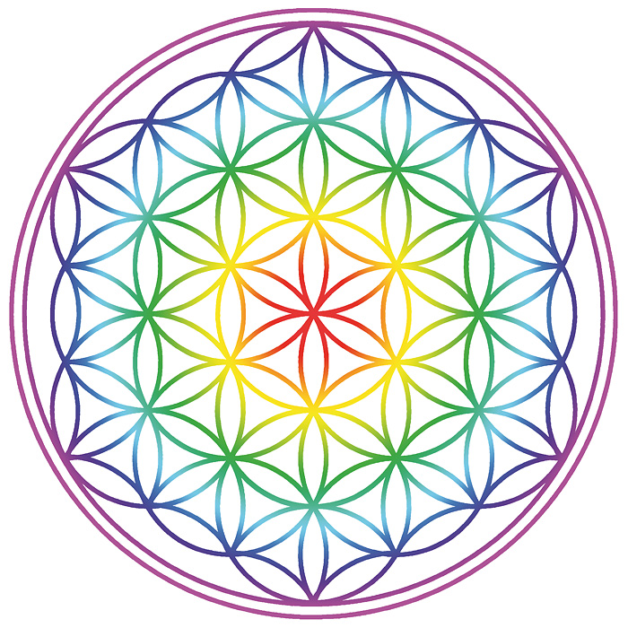 Aufkleber Set 4x4,5cm "Blume des Lebens" Regenbogen-Chakra transparent