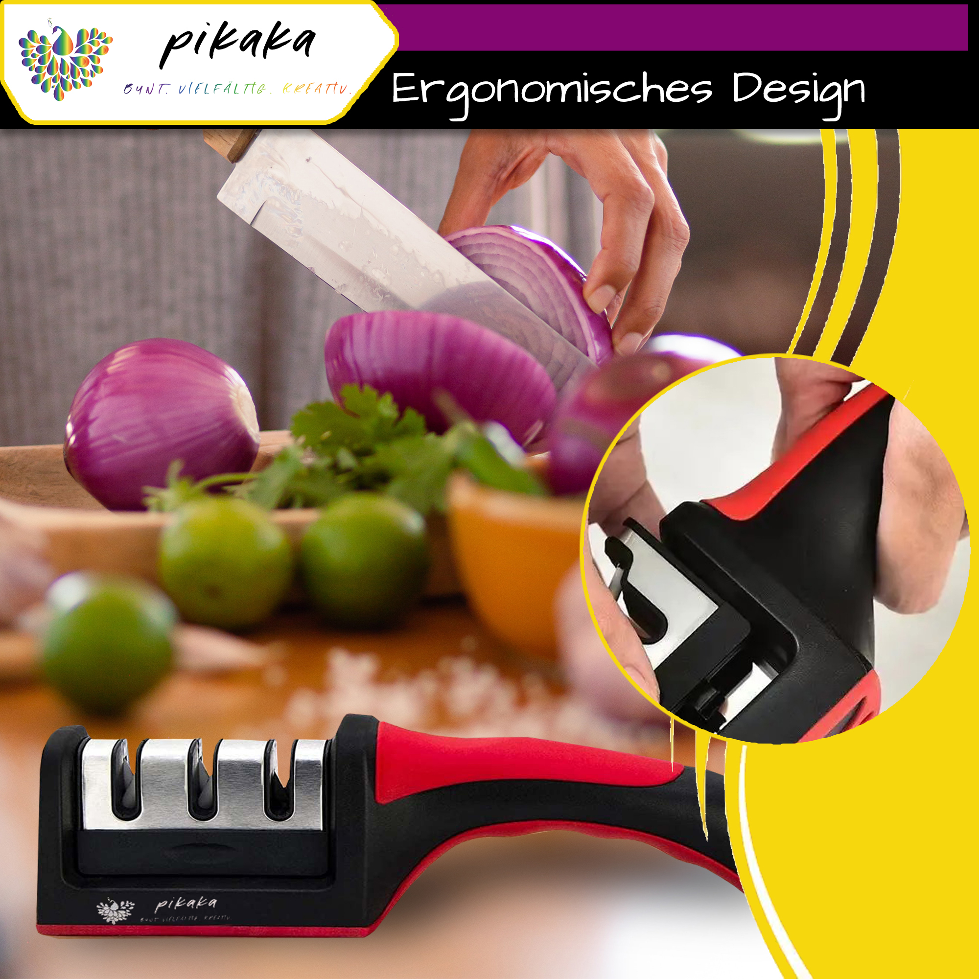 PIKAKA 3-Stufen Messerschärfer | Kitchen Deluxe - das Original | professioneller manueller Messerschärfer | ergonomisches Design | Schwarz/Rot