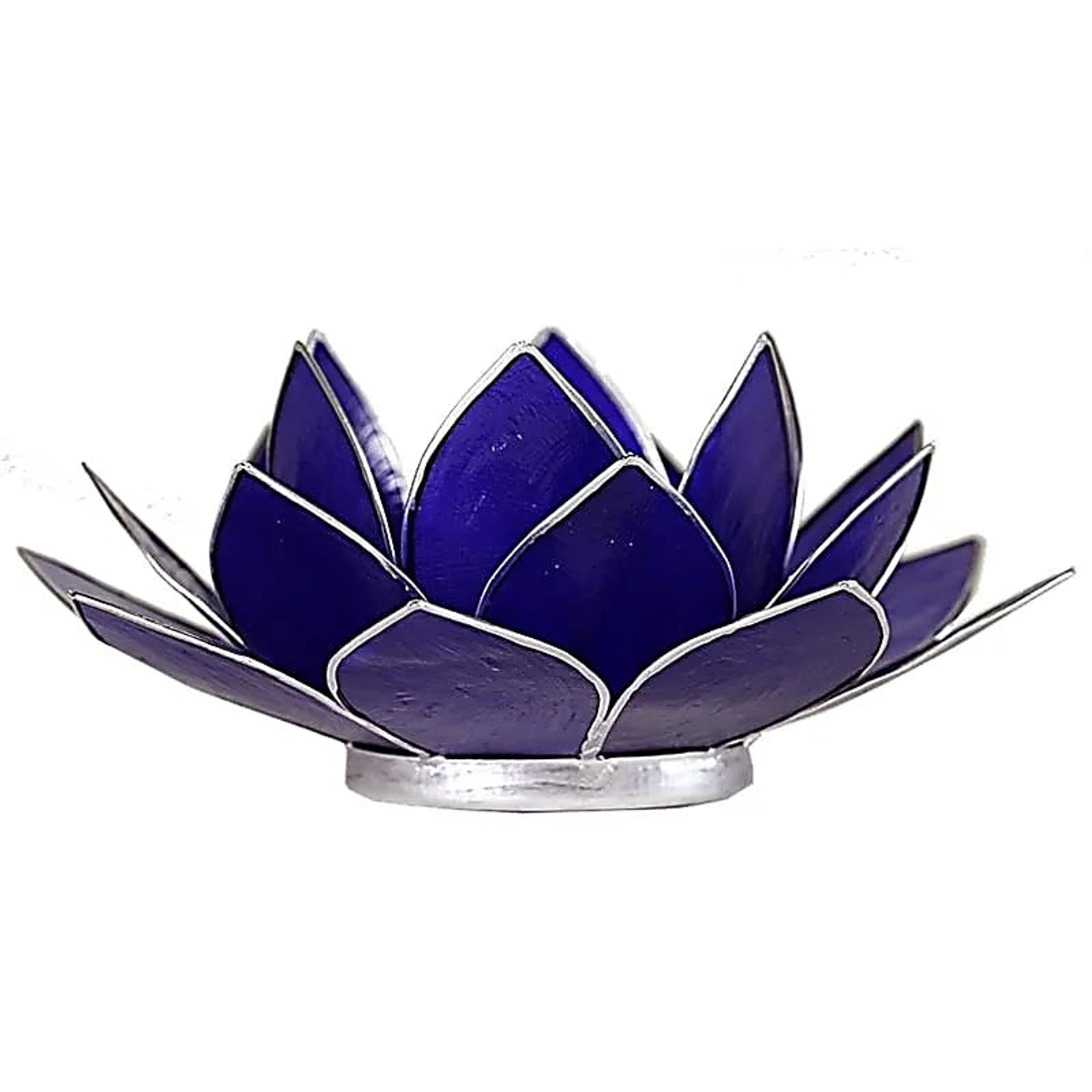 Lotus Teelichthalter indigo 6. Chakra silberfarbig -- 13.5cm